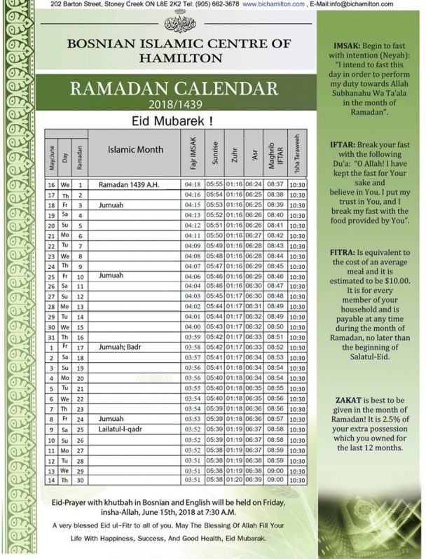Ramadan Prayer Schedule Bošnjački Islamski Centar Hamilton Bosnian